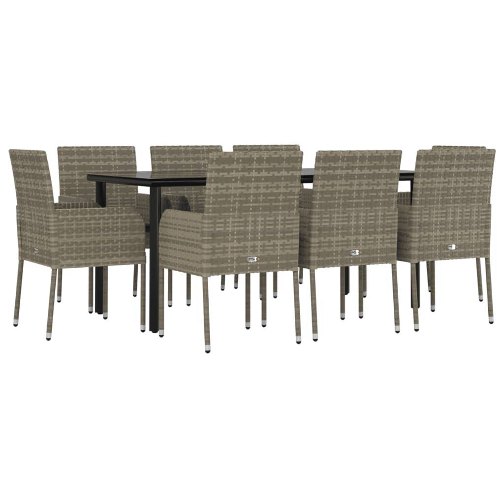 vidaXL 9-tlg. Garten-Essgruppe mit Kissen Schwarz und Grau Poly Rattan