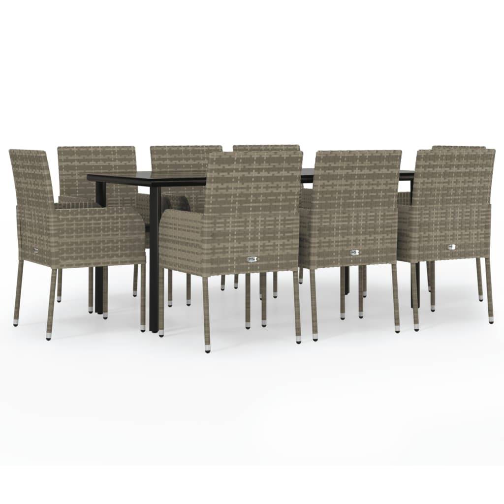vidaXL 9-tlg. Garten-Essgruppe mit Kissen Schwarz und Grau Poly Rattan