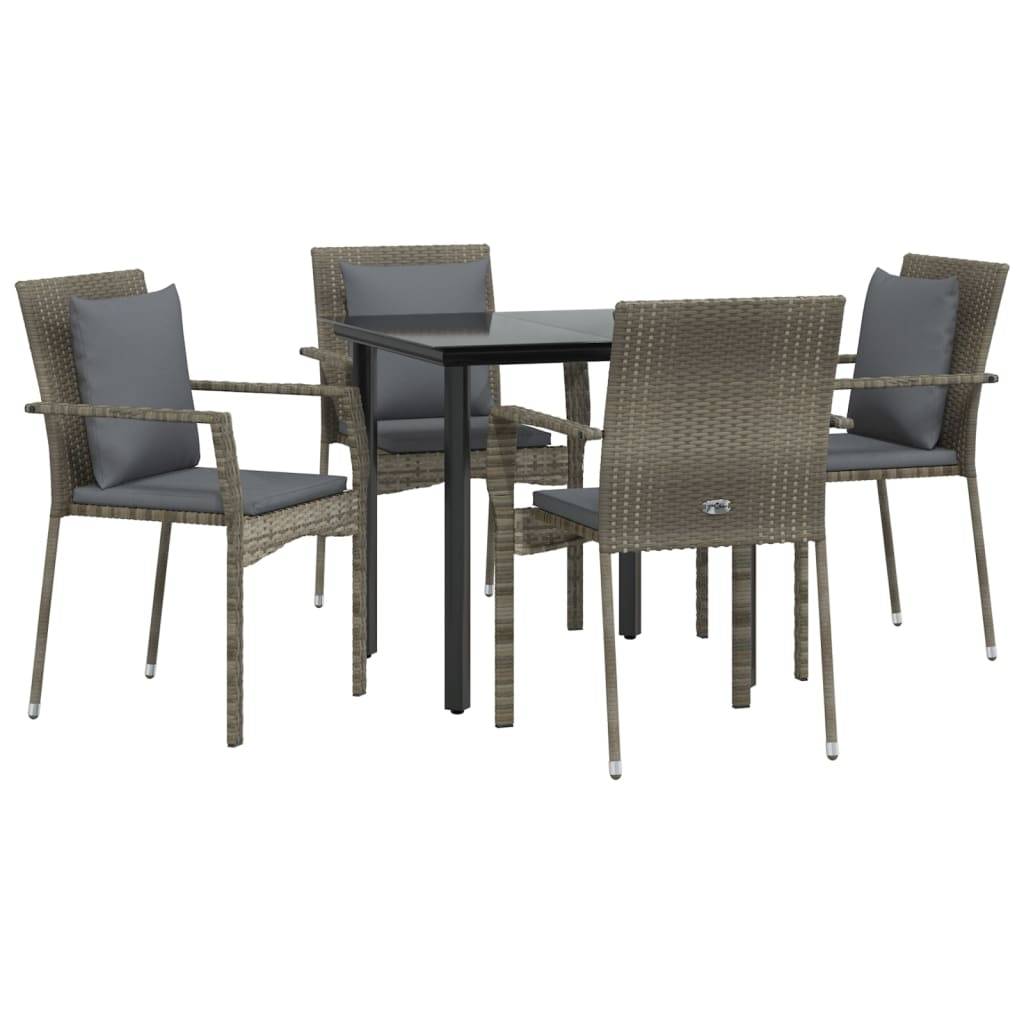 vidaXL 5-tlg. Garten-Essgruppe mit Kissen Schwarz und Grau Poly Rattan