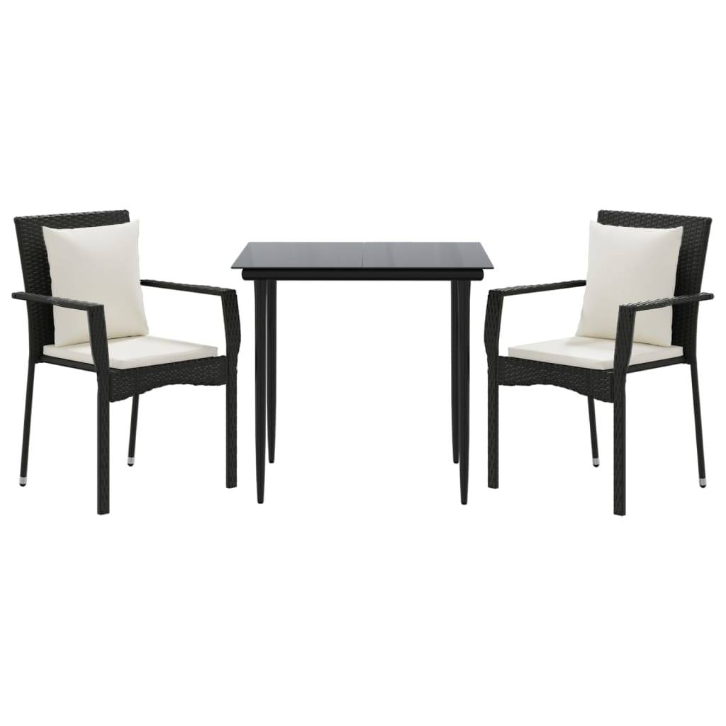 vidaXL 3-tlg. Garten-Essgruppe mit Kissen Schwarz Poly Rattan