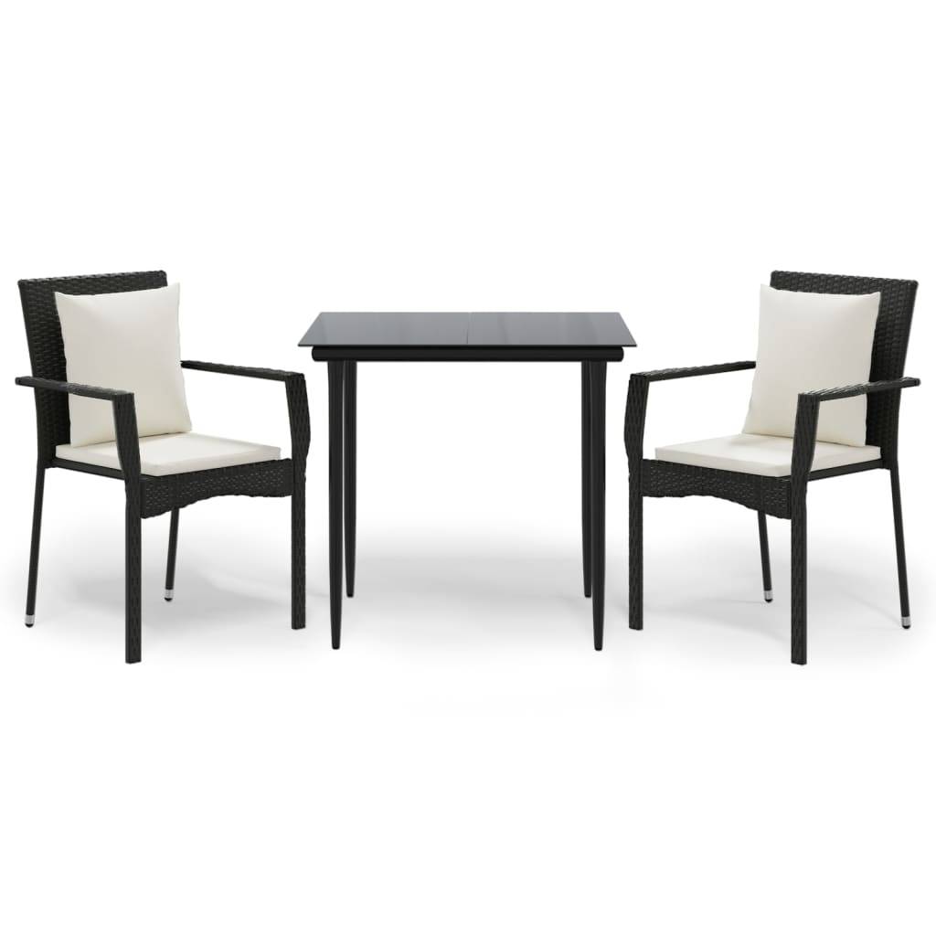 vidaXL 3-tlg. Garten-Essgruppe mit Kissen Schwarz Poly Rattan
