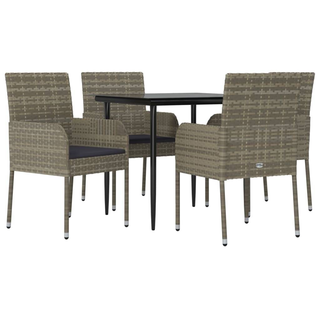 vidaXL 5-tlg. Garten-Essgruppe mit Kissen Schwarz und Grau Poly Rattan