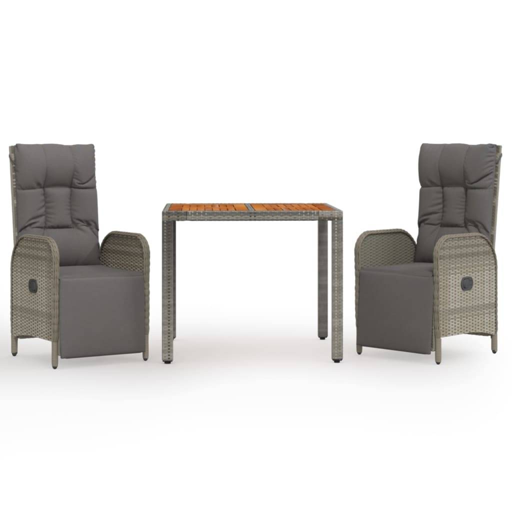 vidaXL 3-tlg. Garten-Essgruppe mit Kissen Grau Poly Rattan