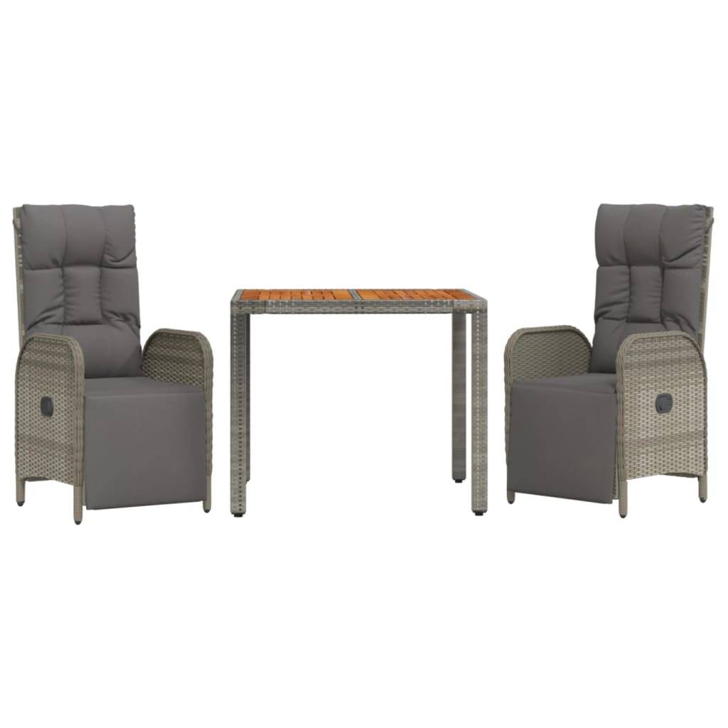 vidaXL 3-tlg. Garten-Essgruppe mit Kissen Grau Poly Rattan