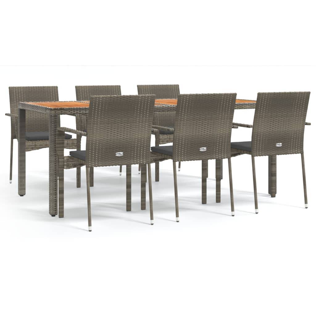 vidaXL 7-tlg. Garten-Essgruppe mit Kissen Grau Poly Rattan