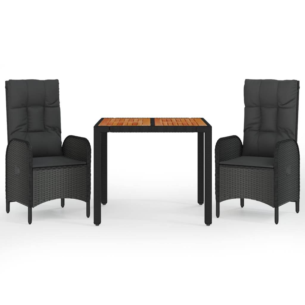 vidaXL 3-tlg. Garten-Essgruppe mit Kissen Schwarz Poly Rattan