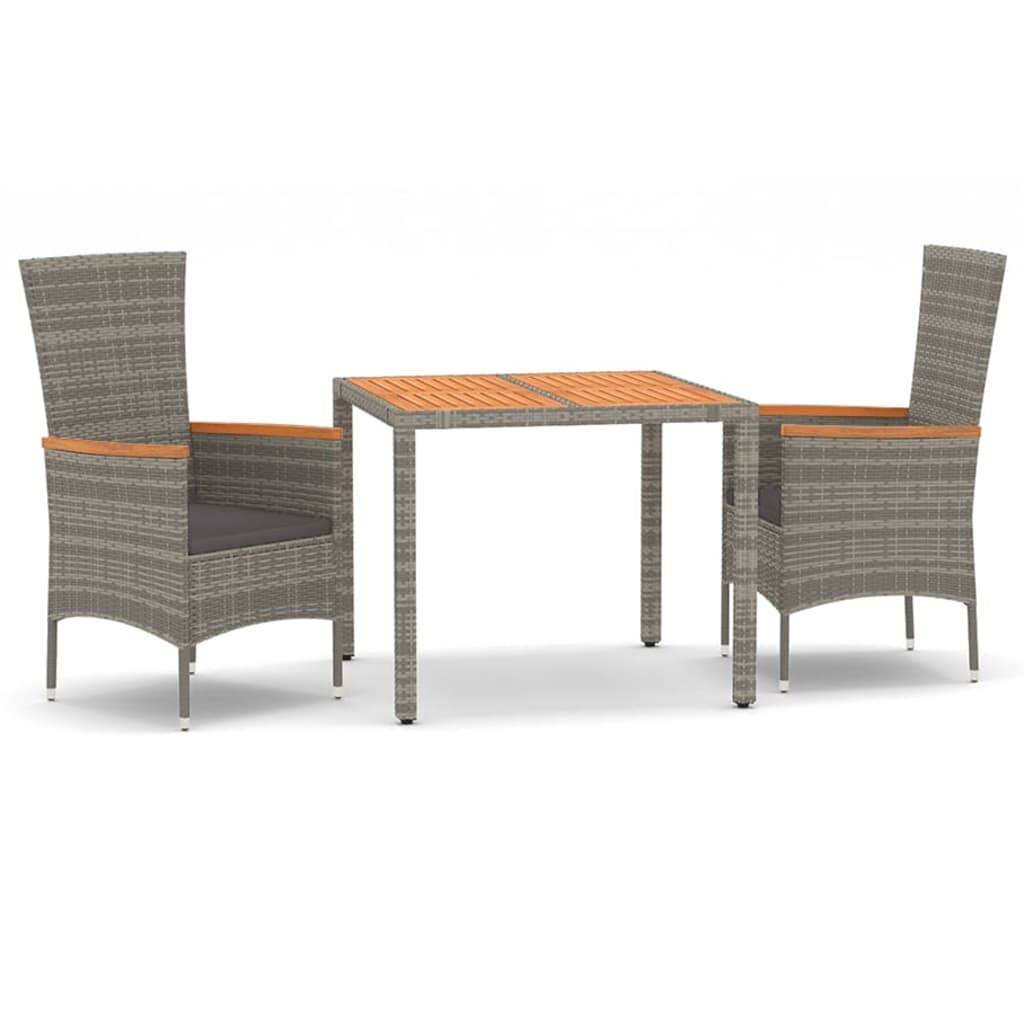 vidaXL 3-tlg. Garten-Essgruppe mit Kissen Grau Poly Rattan