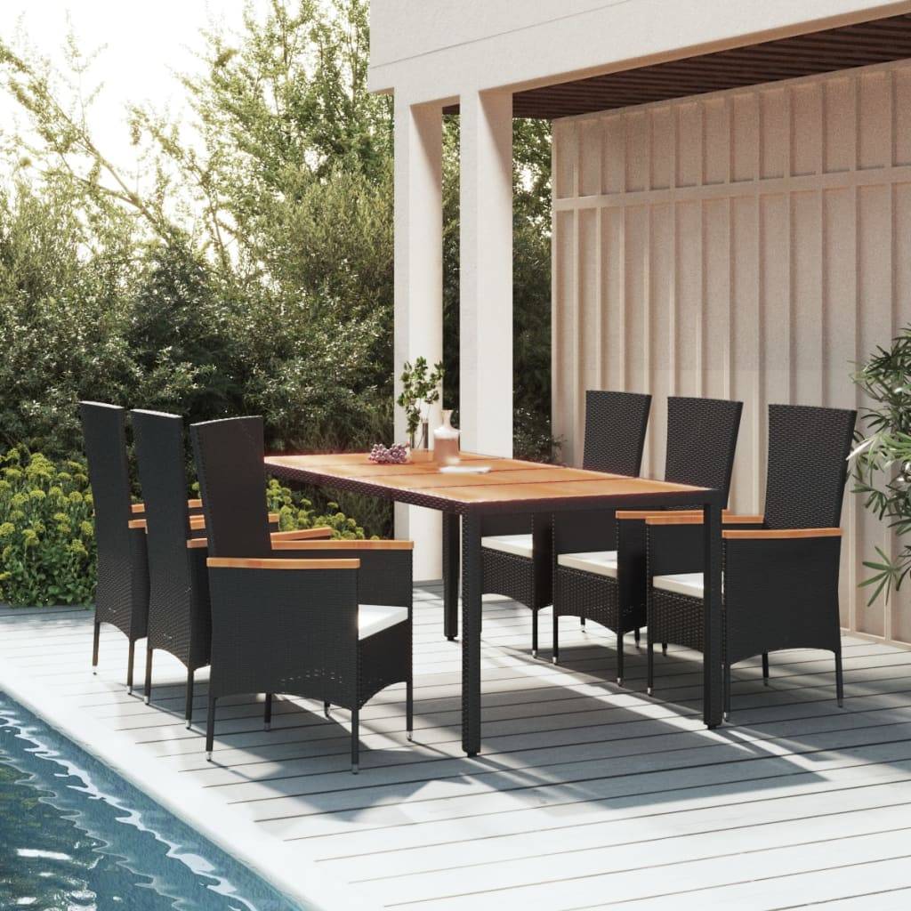 vidaXL 7-tlg. Garten-Essgruppe mit Kissen Schwarz Poly Rattan
