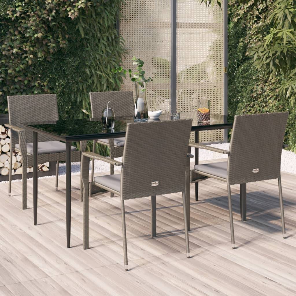 vidaXL 5-tlg. Garten-Essgruppe mit Kissen Schwarz und Grau Poly Rattan