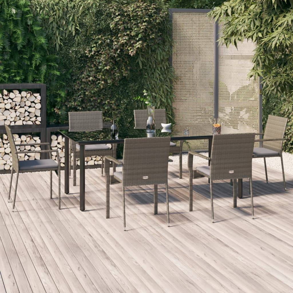 vidaXL 7-tlg. Garten-Essgruppe mit Kissen Schwarz und Grau Poly Rattan