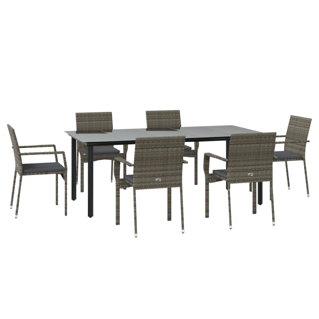 vidaXL 7-tlg. Garten-Essgruppe mit Kissen Schwarz und Grau Poly Rattan