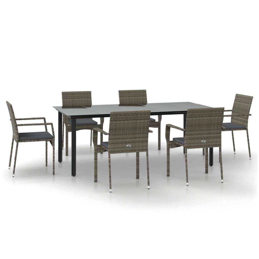 vidaXL 7-tlg. Garten-Essgruppe mit Kissen Schwarz und Grau Poly Rattan