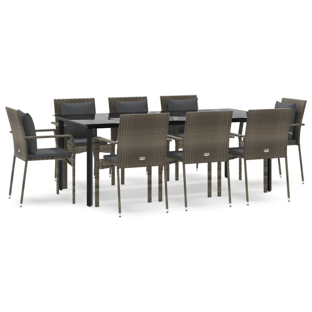vidaXL 9-tlg. Garten-Essgruppe mit Kissen Schwarz und Grau Poly Rattan