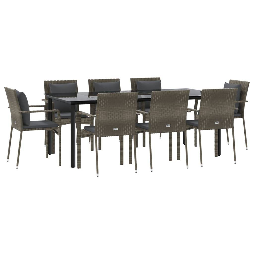 vidaXL 9-tlg. Garten-Essgruppe mit Kissen Schwarz und Grau Poly Rattan