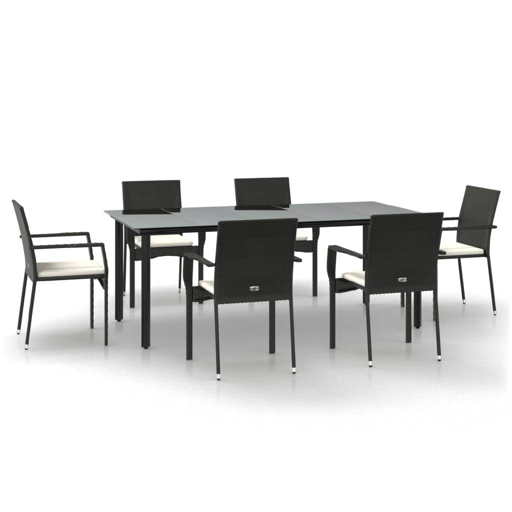 vidaXL 7-tlg. Garten-Essgruppe mit Kissen Schwarz Poly Rattan