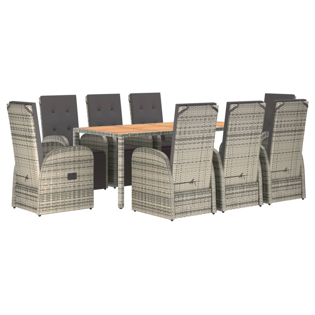 vidaXL 9-tlg. Garten-Essgruppe mit Kissen Grau Poly Rattan