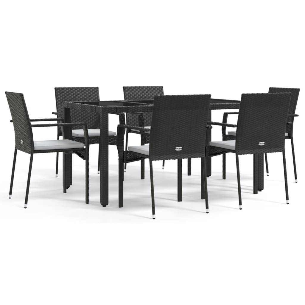 vidaXL 7-tlg. Garten-Essgruppe mit Kissen Schwarz Poly Rattan