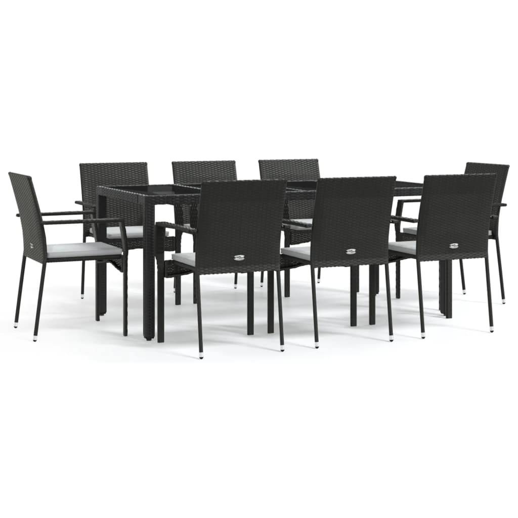 vidaXL 9-tlg. Garten-Essgruppe mit Kissen Schwarz Poly Rattan