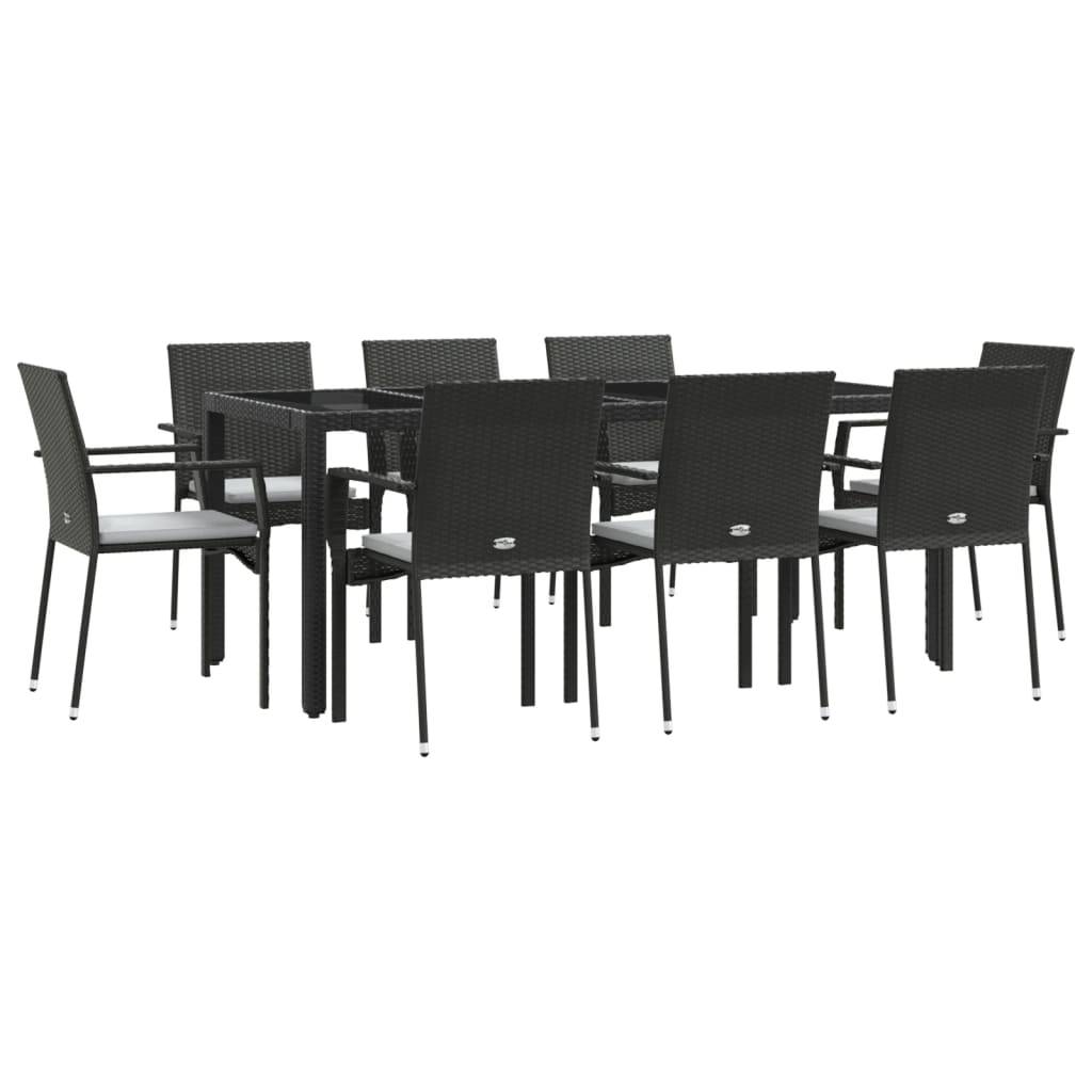 vidaXL 9-tlg. Garten-Essgruppe mit Kissen Schwarz Poly Rattan