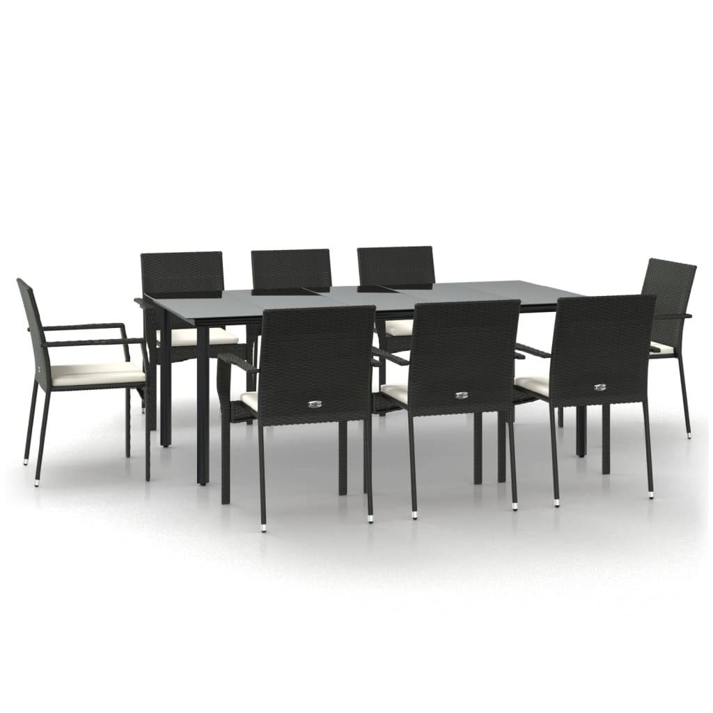 vidaXL 9-tlg. Garten-Essgruppe mit Kissen Schwarz Poly Rattan