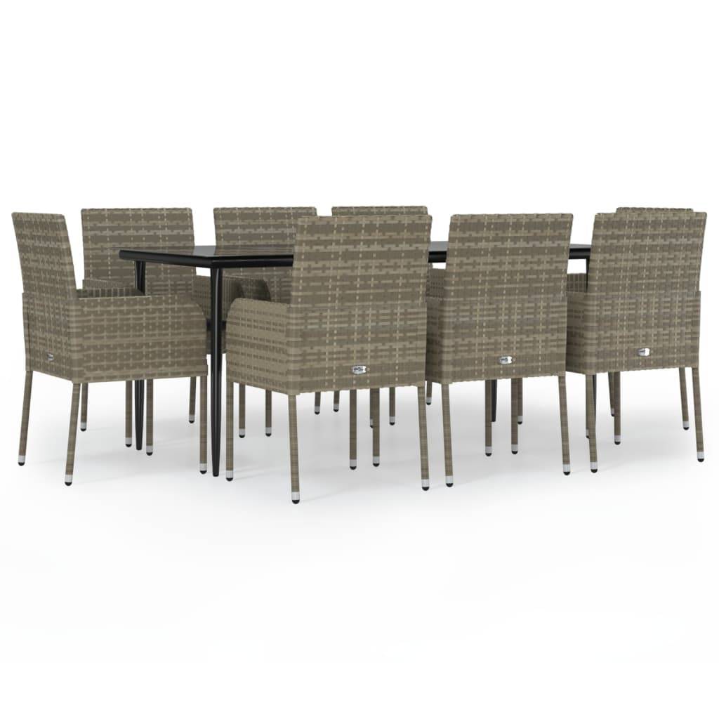 vidaXL 9-tlg. Garten-Essgruppe mit Kissen Schwarz und Grau Poly Rattan