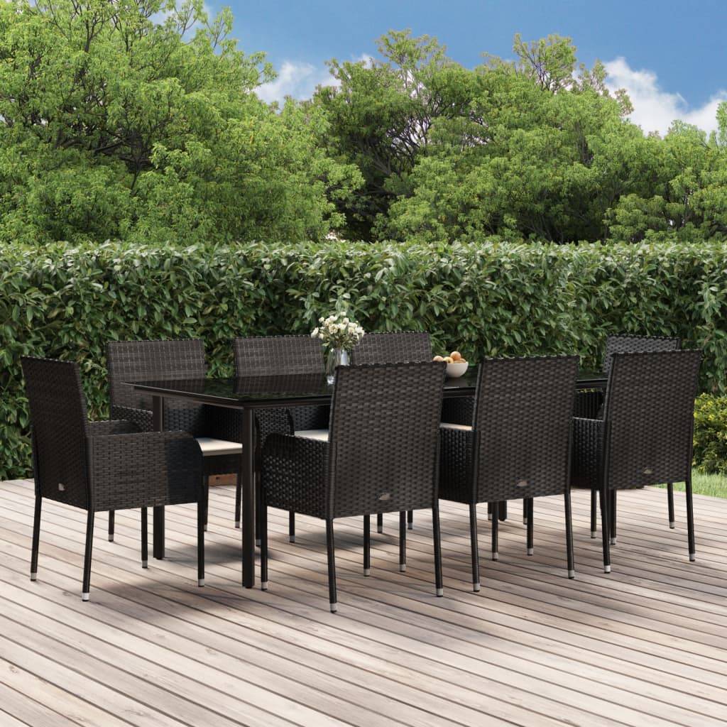 vidaXL 9-tlg. Garten-Essgruppe mit Kissen Schwarz Poly Rattan