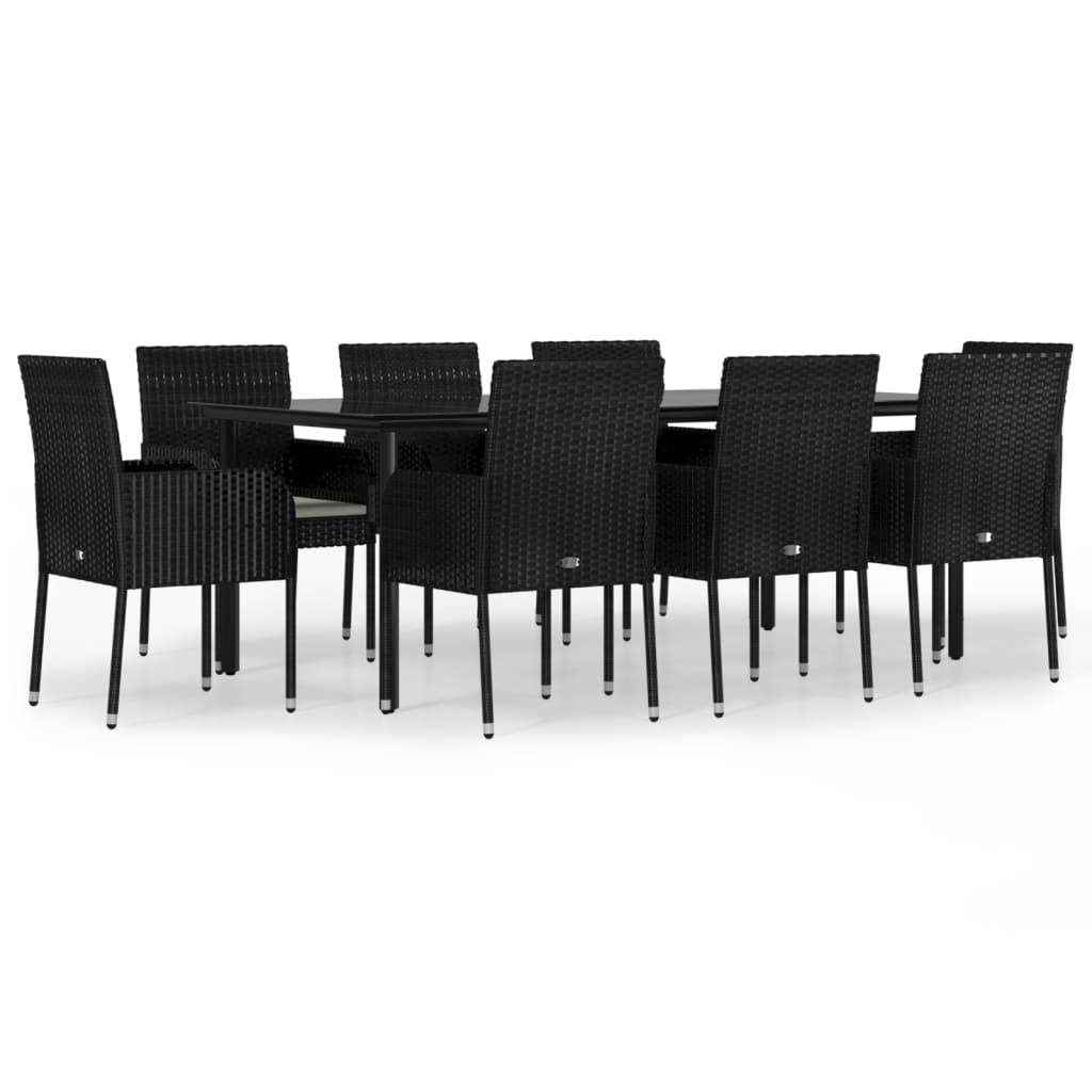 vidaXL 9-tlg. Garten-Essgruppe mit Kissen Schwarz Poly Rattan