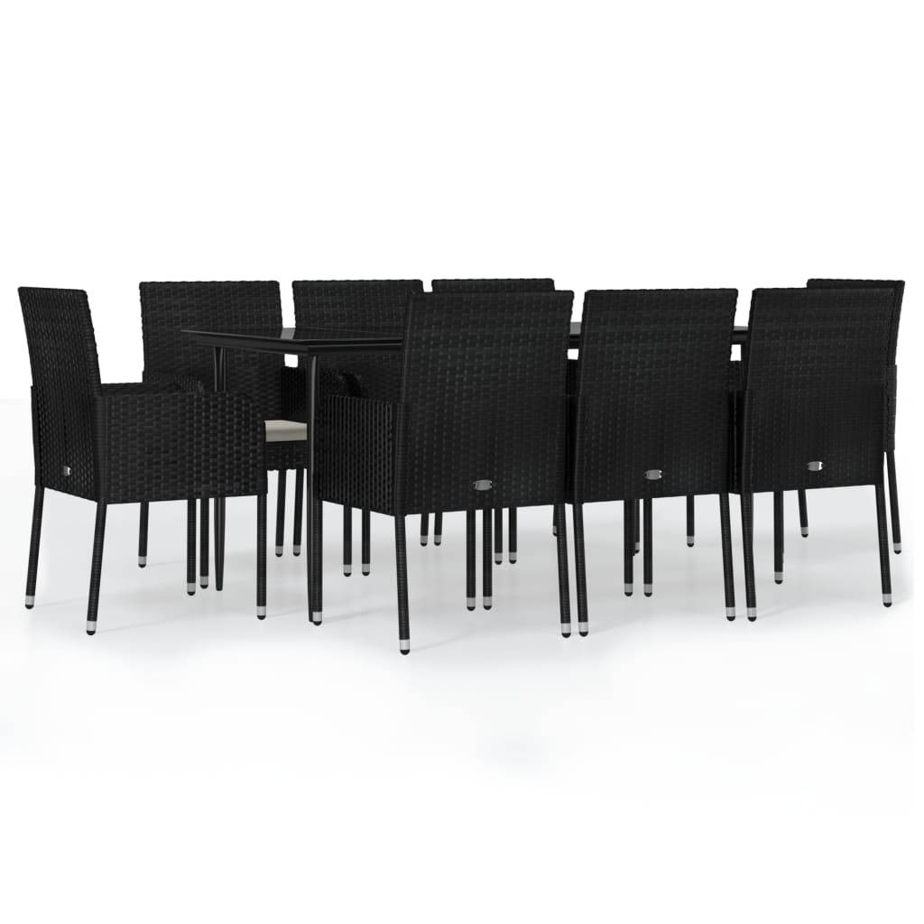 vidaXL 9-tlg. Garten-Essgruppe mit Kissen Schwarz Poly Rattan