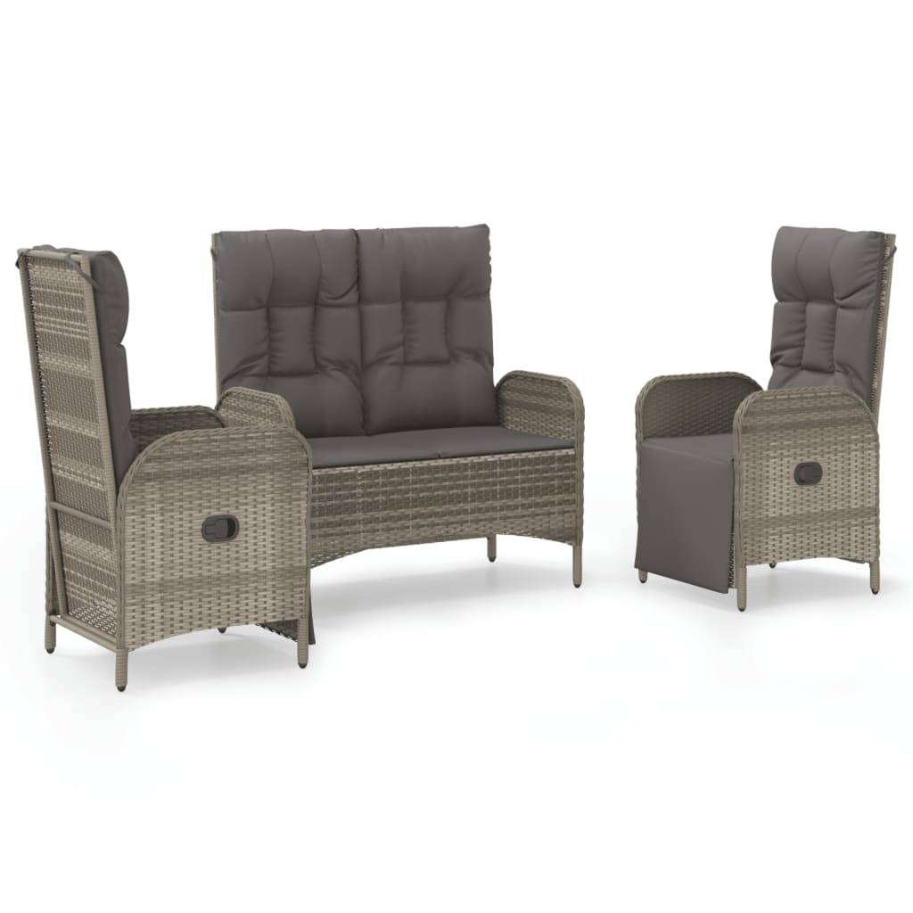 vidaXL 3-tlg. Garten-Essgruppe mit Kissen Grau Poly Rattan