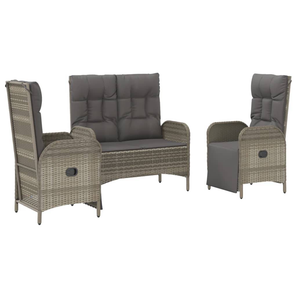 vidaXL 3-tlg. Garten-Essgruppe mit Kissen Grau Poly Rattan