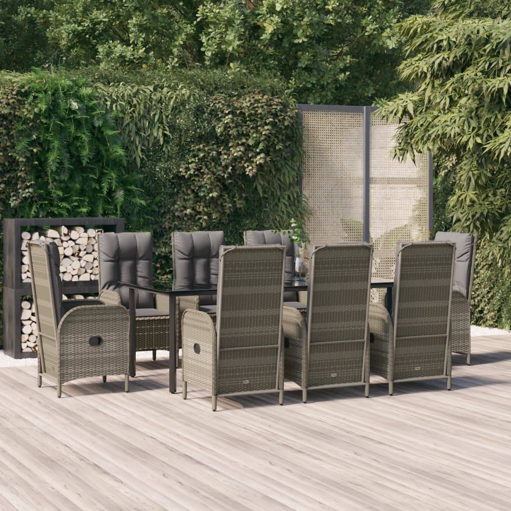 vidaXL 9-tlg. Garten-Essgruppe mit Kissen Schwarz und Grau Poly Rattan