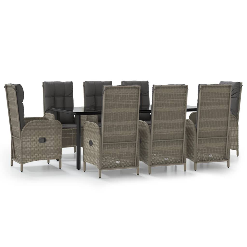vidaXL 9-tlg. Garten-Essgruppe mit Kissen Schwarz und Grau Poly Rattan
