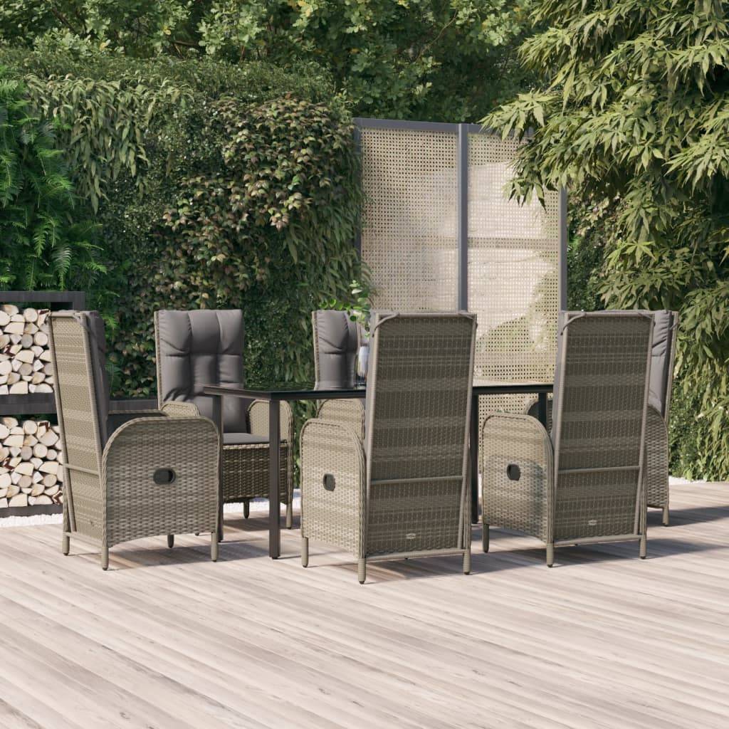 vidaXL 7-tlg. Garten-Essgruppe mit Kissen Schwarz und Grau Poly Rattan