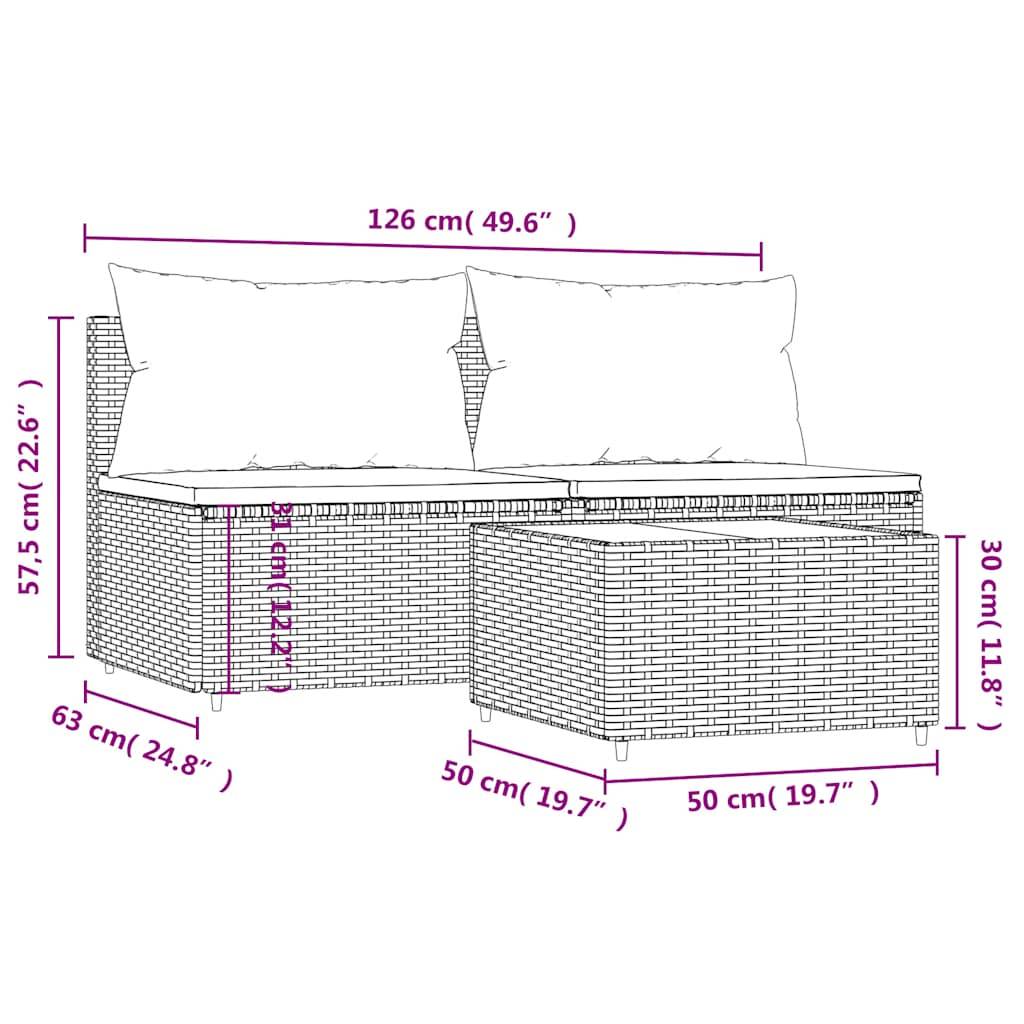 vidaXL 3-tlg. Garten-Lounge-Set mit Kissen Grau Poly Rattan