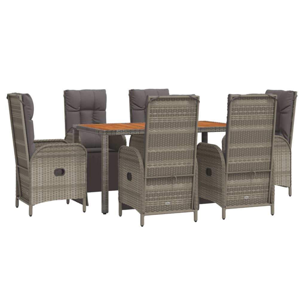 vidaXL 7-tlg. Garten-Essgruppe mit Kissen Grau Poly Rattan