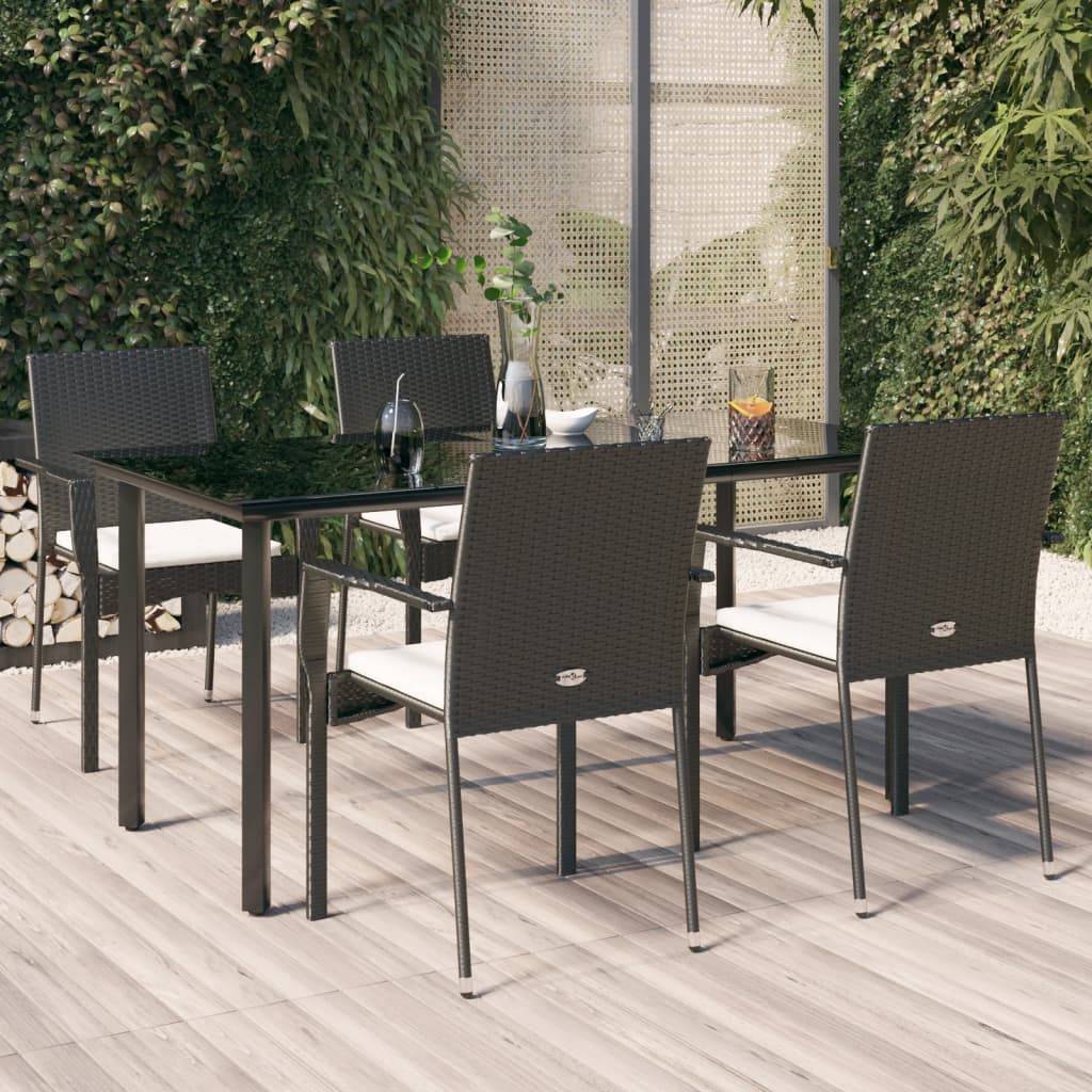 vidaXL 5-tlg. Garten-Essgruppe mit Kissen Schwarz Poly Rattan