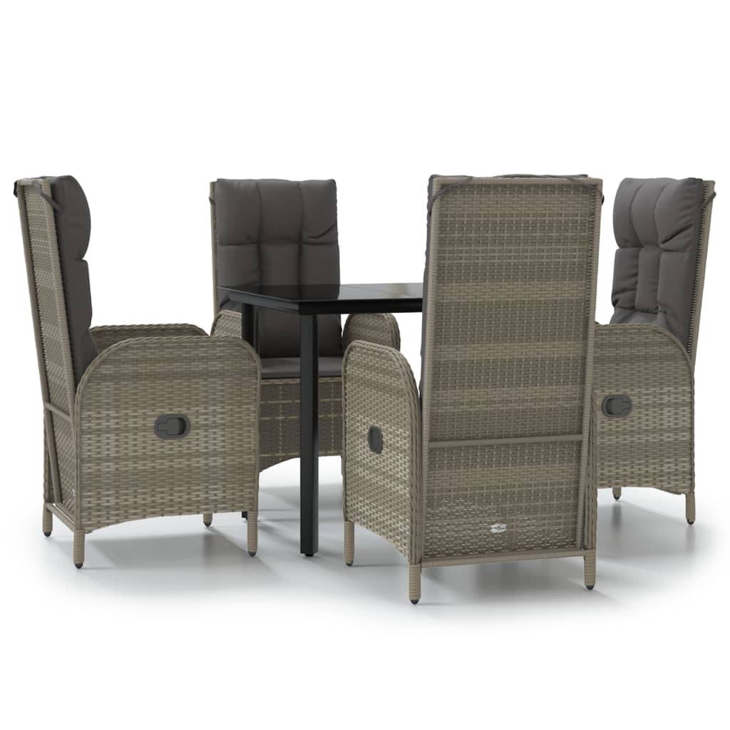 vidaXL 5-tlg. Garten-Essgruppe mit Kissen Schwarz und Grau Poly Rattan