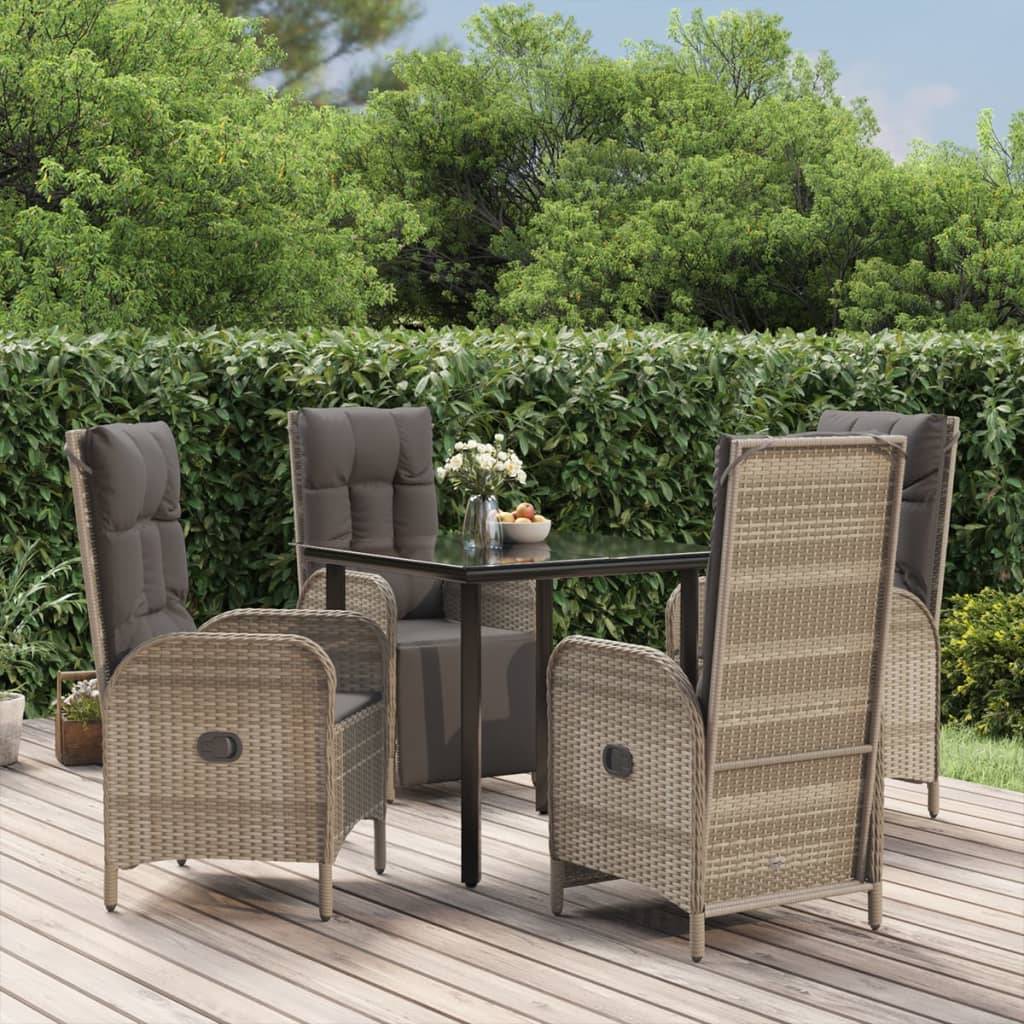 vidaXL 5-tlg. Garten-Essgruppe mit Kissen Schwarz und Grau Poly Rattan