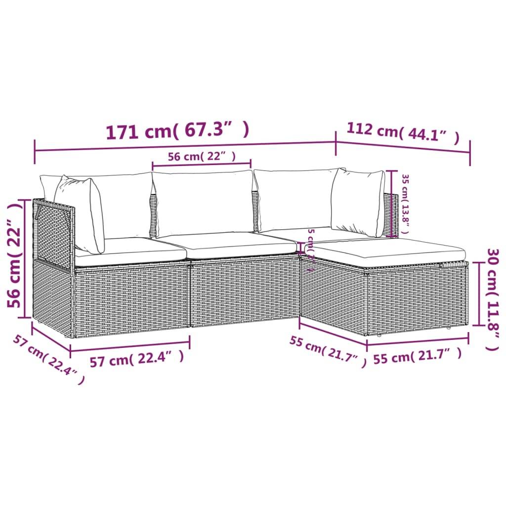 vidaXL 4-tlg. Garten-Lounge-Set mit Kissen Grau Poly Rattan