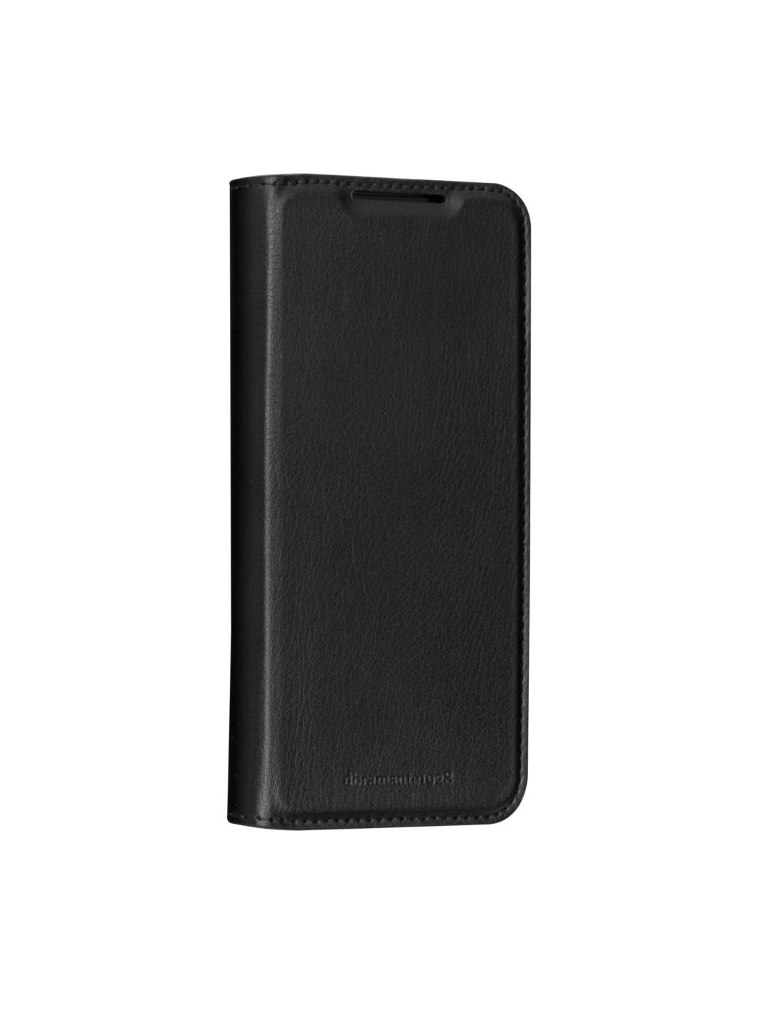 Schwarze Leder-Handyklapptasche mit Vorderseite und abgerundeten Kanten auf weißem Hintergrund.