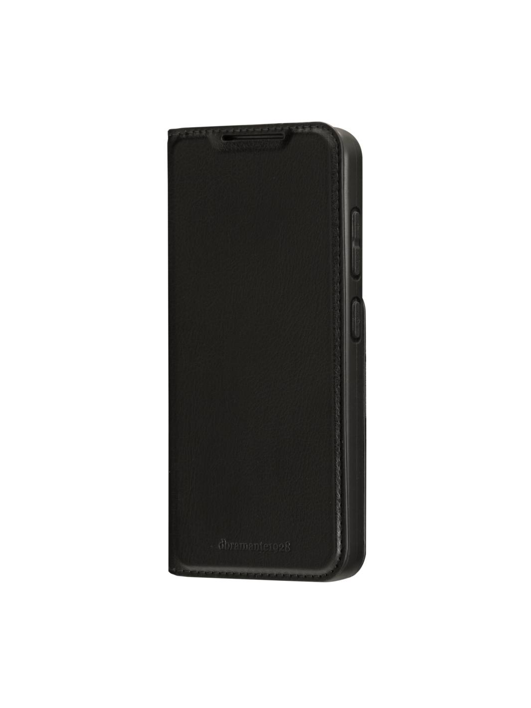 Schwarze Smartphone-Folio-Hülle mit Vorderdeckel und Seitentasten, dargestellt auf weißem Hintergrund.