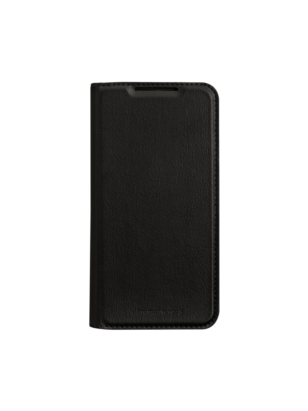 Schwarze Leder-Smartphone-Folio-Hülle mit Vorderseite und abgerundeten Ecken auf weißem Hintergrund.