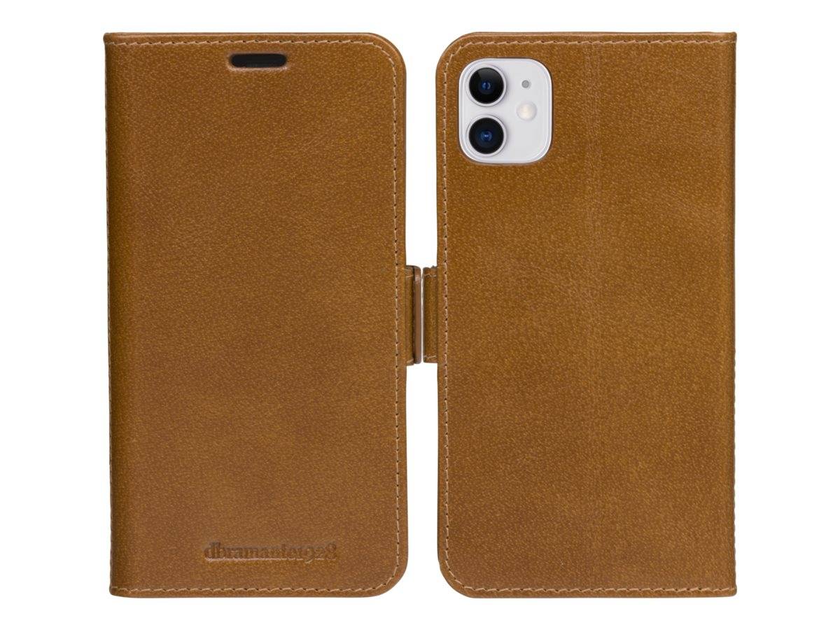 Braunes Leder-Flipphone-Etui, offen dargestellt, mit Vorderseite, Rückschale und dualem Kameraausschnitt.