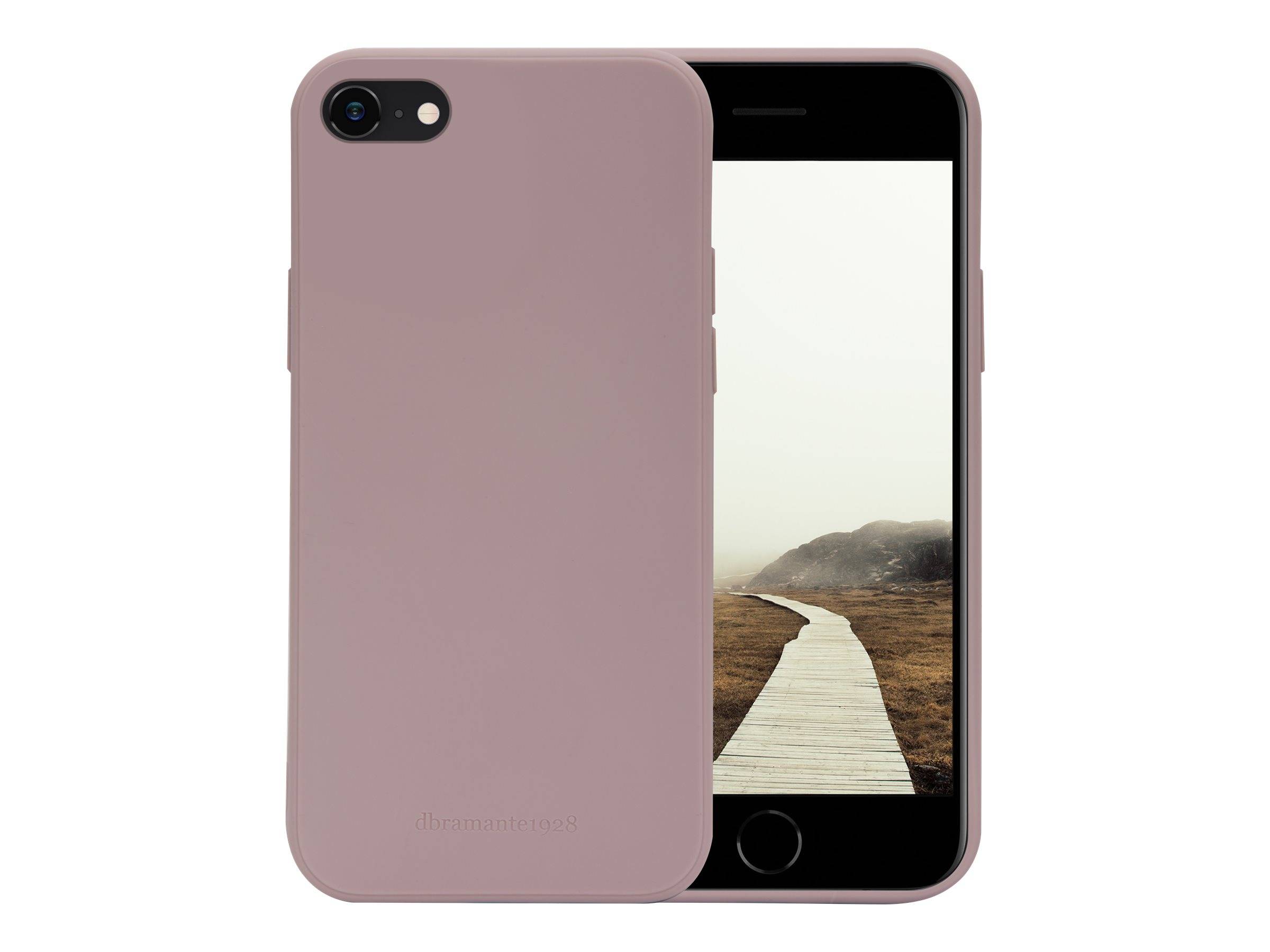 Ein Smartphone mit einer malvenfarbenen Hülle, das einen Holzsteg zeigt, der in eine neblige Landschaft führt.