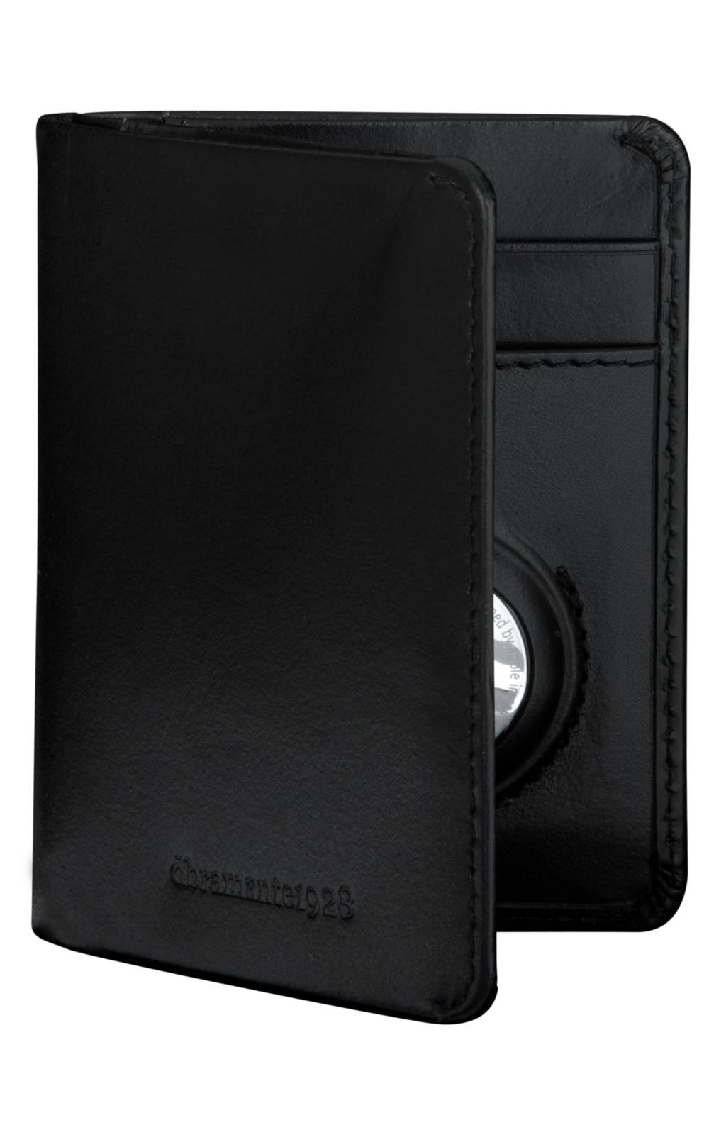Schwarze Lederbrieftasche oder Reisepasshülle leicht geöffnet, mit Kartenfächern und einem runden Sichtfenster im Inneren.