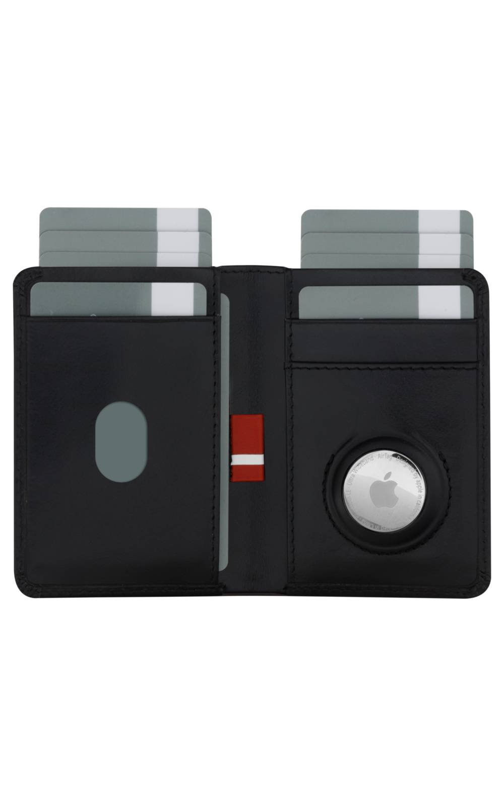 Offene schwarze Geldbörse mit zwei grauen Karten und einem Apple AirTag in der rechten Tasche.