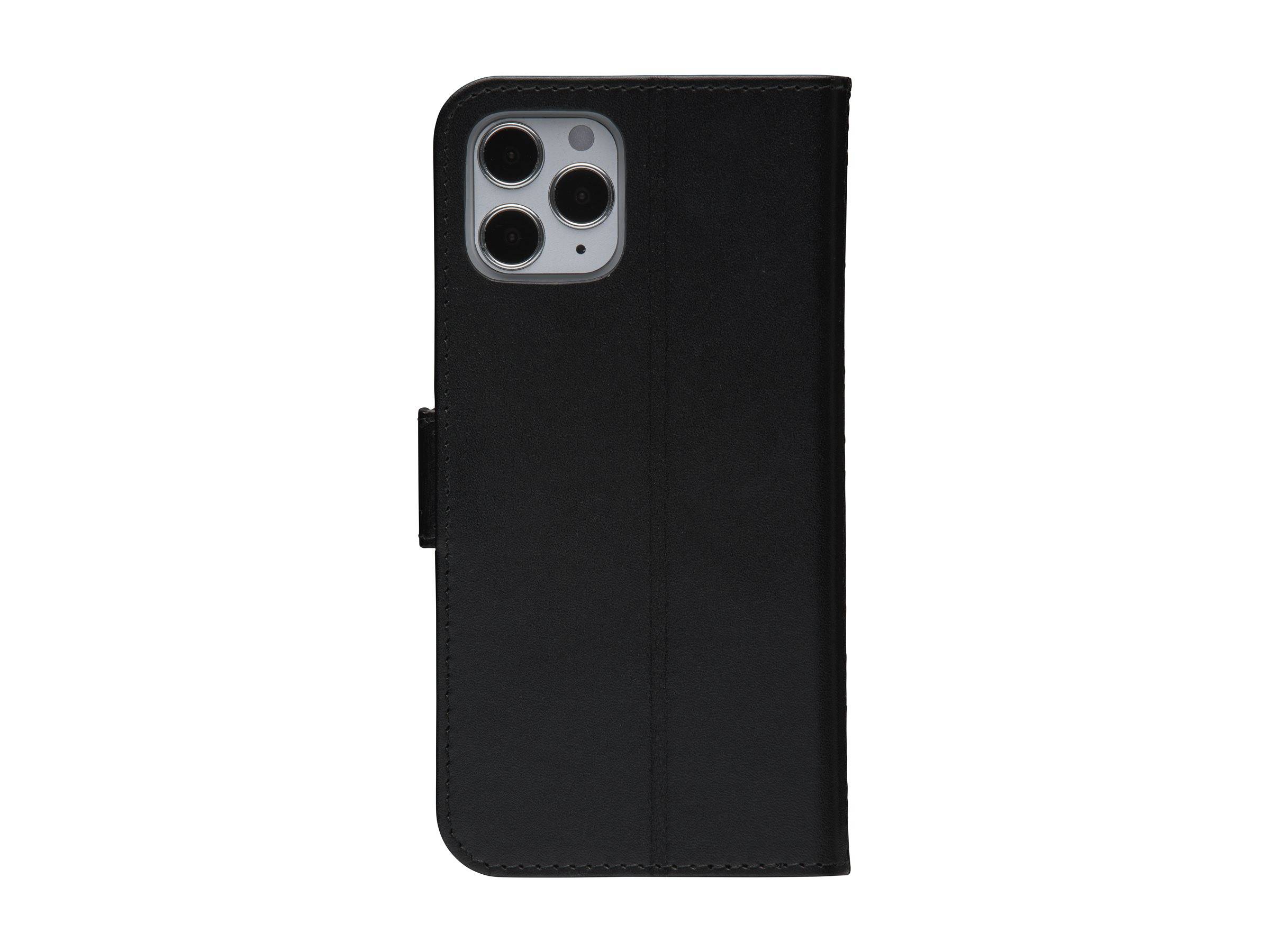 Schwarze Smartphone-Hülle mit faltbarem Design, die Rückseite und Seiten eines Telefons abdeckt und Kameraobjektive freilässt.