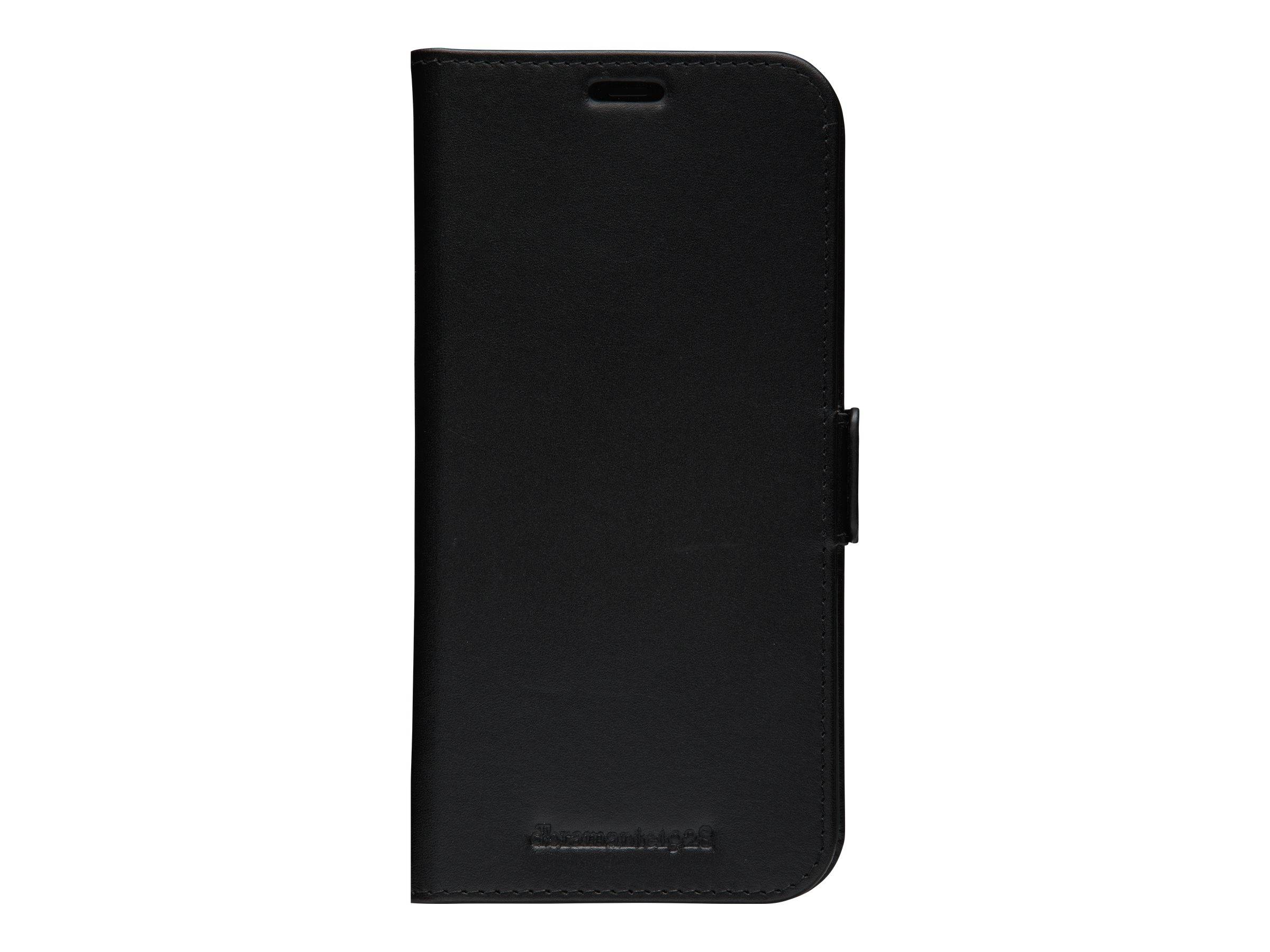 Ein schwarzes Leder-Smartphone-Geldbörsengehäuse, geschlossen, mit einem magnetischen Verschluss an der Seite. Die Textur wirkt glatt und elegant.