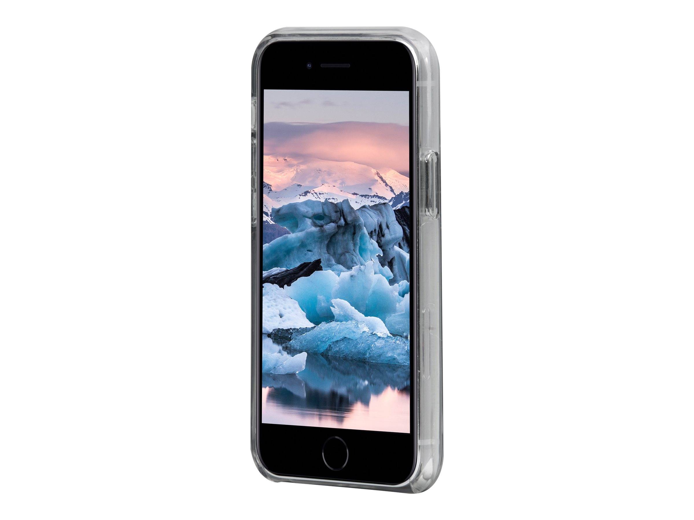 Ein Smartphone mit einem Landschaftsbild von verschneiten Bergen und einem rosa Himmel auf seinem Bildschirm, in einer transparenten Schutzhülle.