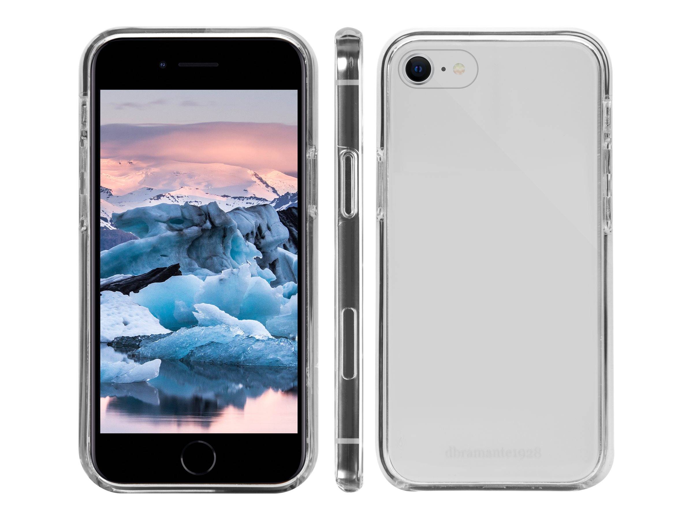 Drei Ansichten eines Smartphones in einer klaren Schutzhülle: Vorderseite mit Gletscher-Hintergrundbild, Seitenansicht und Rückseite mit sichtbarer Kamera.